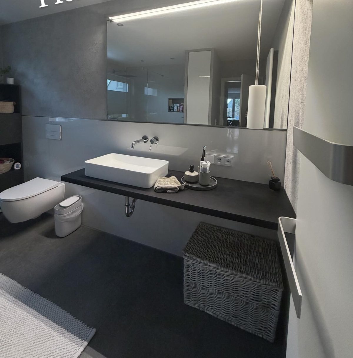 Modernisiertes Badezimmer mit Waschtisch, Spiegelschrank und WC
